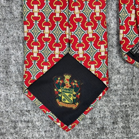 Paolo Gucci Silk Tie Mens‎ Vintage Made In Italy Red Equestrian Chain Pattern - Picture 5 of 9